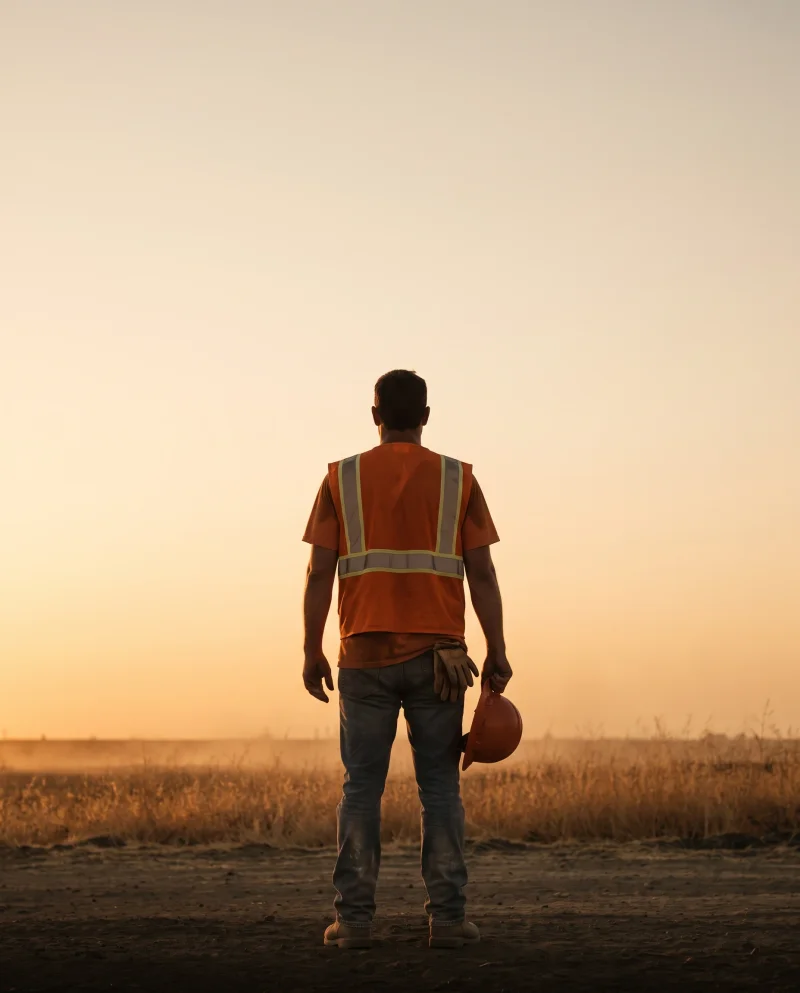 A California construction worker seen from behind at the end of a shift, hard hat carried in one hand, high-visibility orange vest rim-lit by low amber light, standing alone under a vast hazy golden-hour sky above dry golden grass.