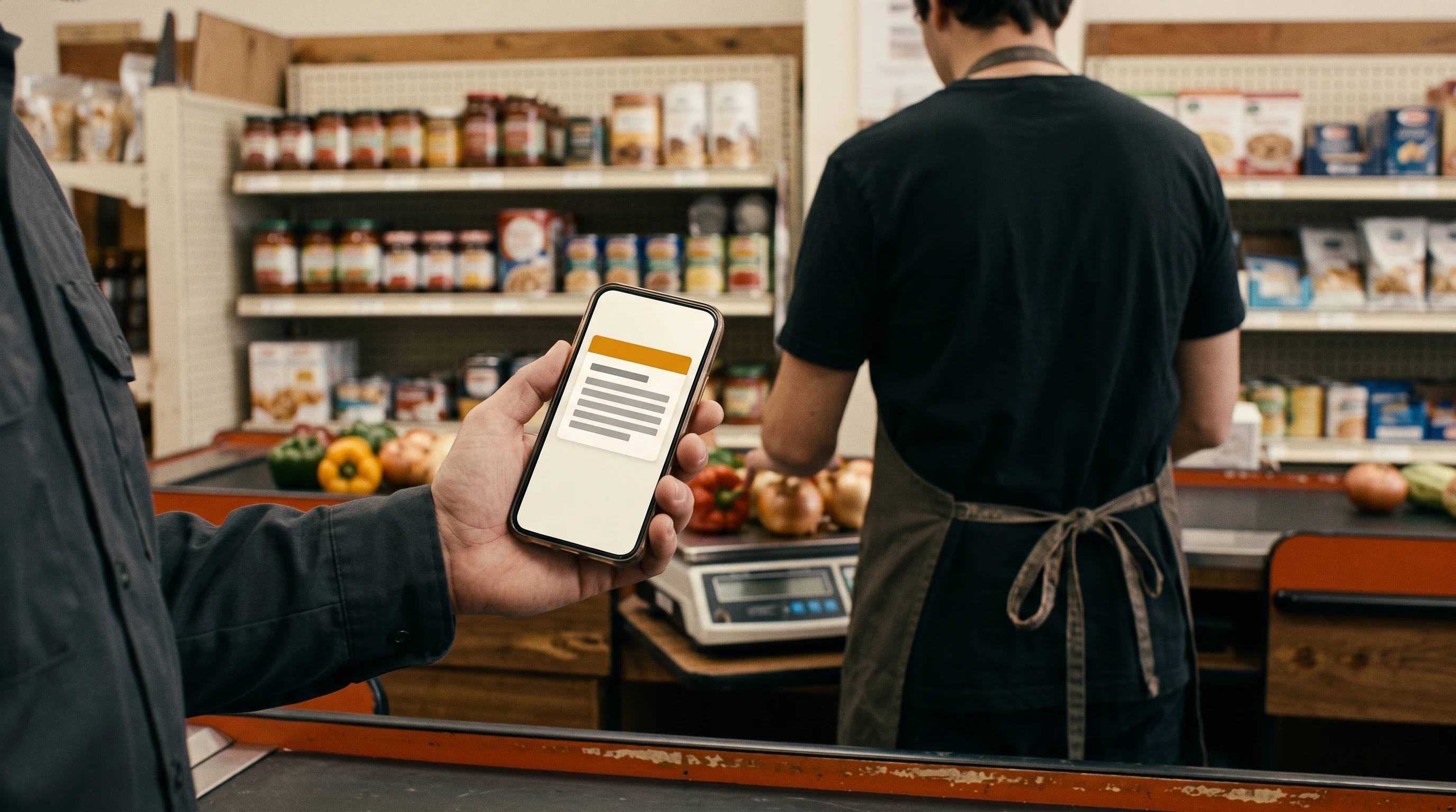 A manager's hand in the foreground of a small grocery checkstand holds a phone showing an alert card, its text plain grey bars, headed by an amber fifth-hour alert band, while the checker, back to the camera, works loose produce at the lane beside a counter scale.