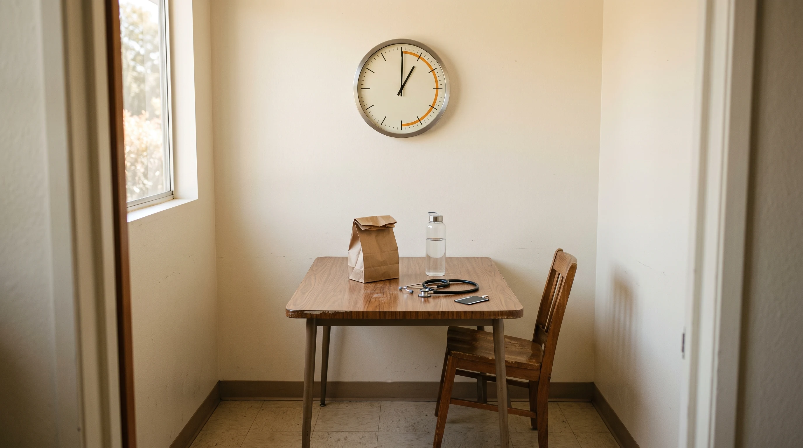 Photograph of an empty clinic staff break room — an unopened bagged lunch, a water bottle, a coiled stethoscope, and a face-down badge on the table with the chair pushed back askew, beneath a wall clock with a thirty-minute span marked in amber.