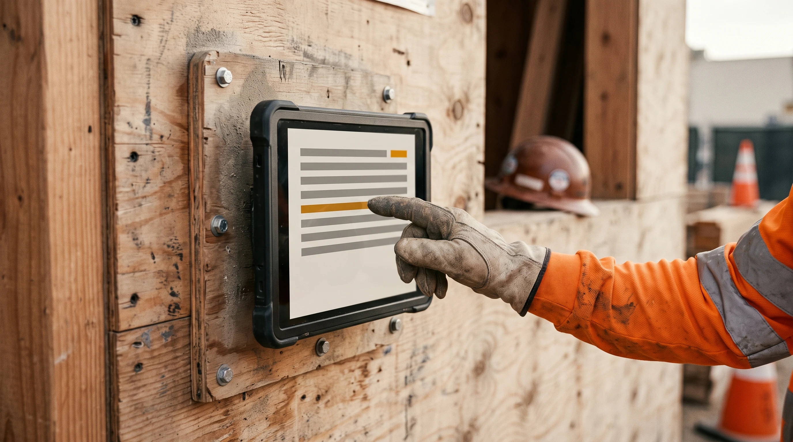 A worker's gloved hand taps an attestation checklist on a ruggedized kiosk tablet bolted to a plywood wall on a construction site, with one checklist row highlighted in amber to mark the record's status.