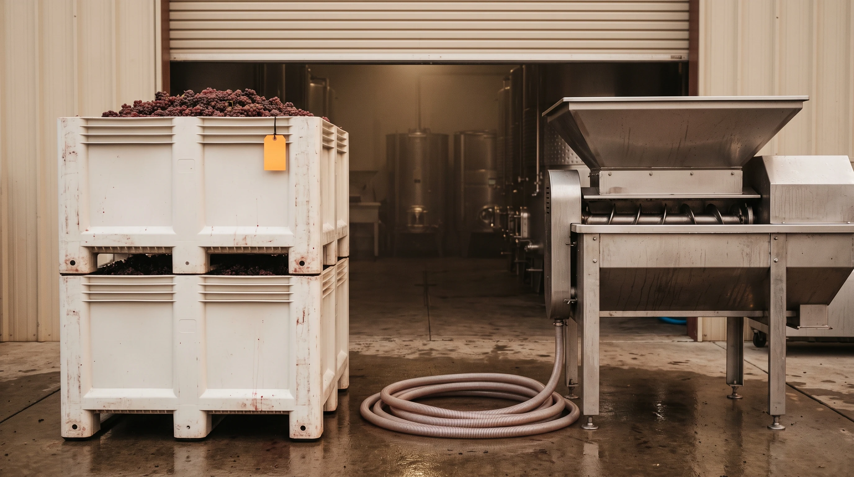Photograph of a winery crush pad at first light: stacked harvest bins heaped with grape clusters beside a stainless crusher-destemmer, a transfer hose coiled on the wet concrete between them, a single blank amber lot tag zip-tied to the lead bin, and stainless wine tanks visible through the open cellar door.