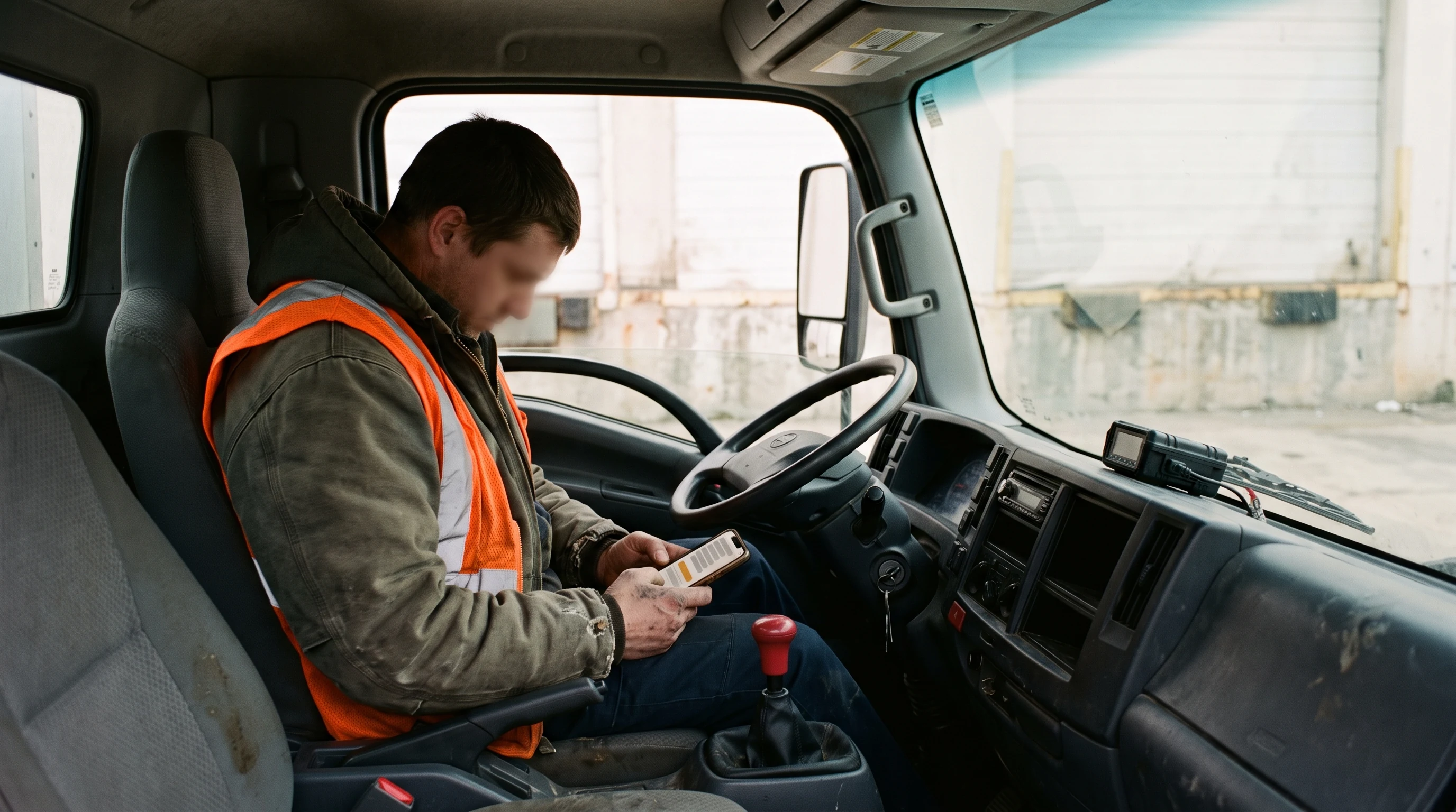 Photograph of a driver in a high-visibility vest seated in a parked truck cab at a loading dock, hands on a phone held low over his lap and away from the untouched steering wheel, the screen showing a confirmed attestation highlighted in amber; a telematics unit is mounted on the dash.