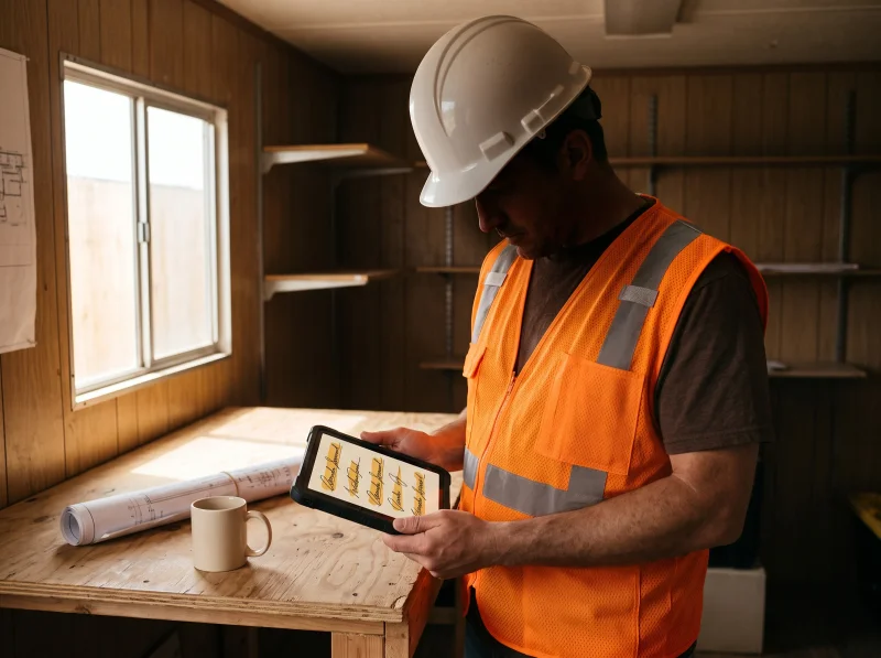 Photograph of a site foreman in a white hard hat and orange high-visibility vest standing in a site trailer, head bowed over a rugged tablet showing rows of amber-highlighted signature scrawls, with a coffee mug and a roll of construction drawings on the plywood table beside him.