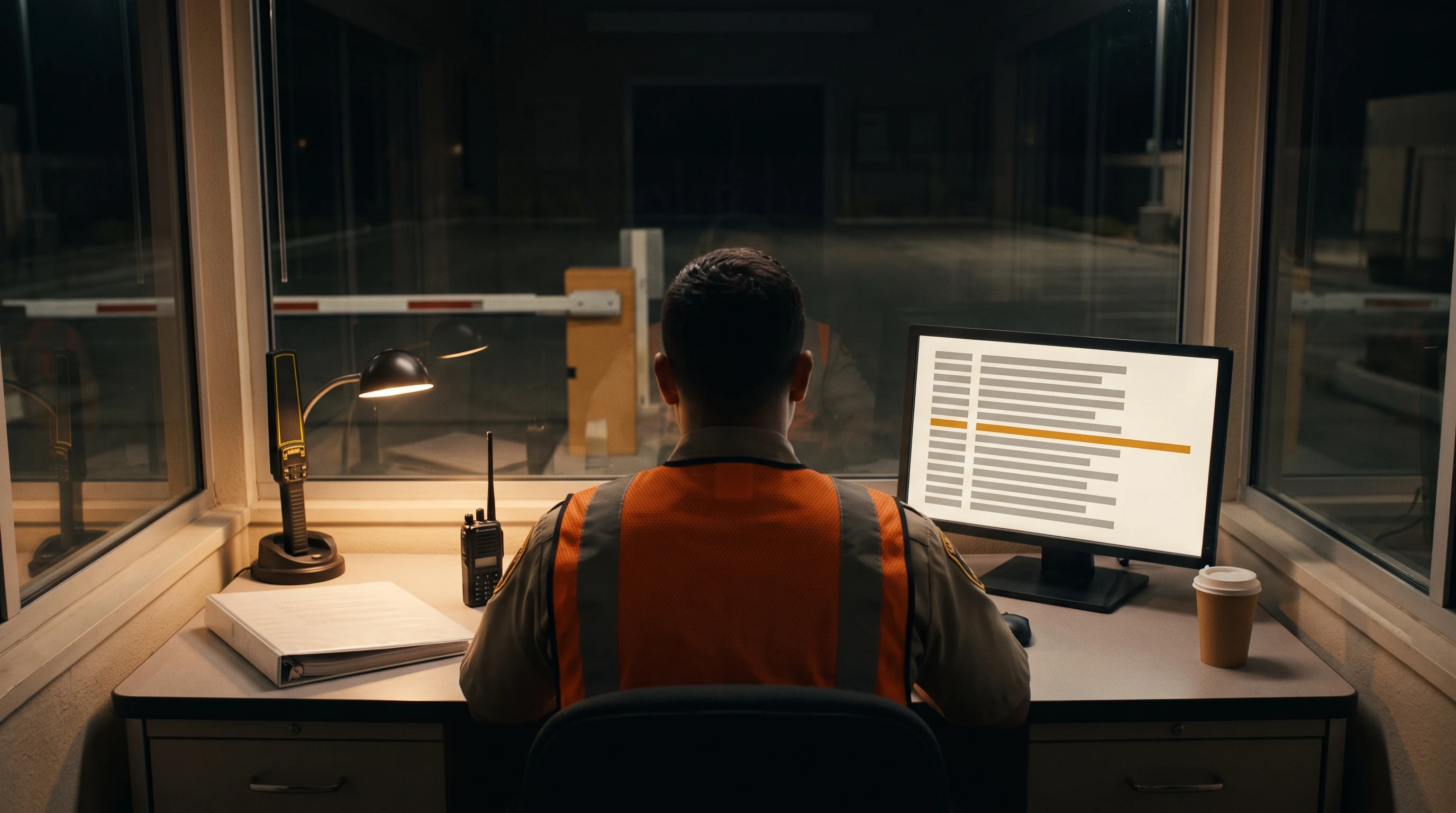 Night photograph of a uniformed security officer in a high-visibility vest, seen from behind at a solo gatehouse post, entering an incident report on a desk monitor whose log, text as plain grey bars, shows one entry highlighted in amber, with a two-way radio, checkpoint-scan wand, and post-orders binder on the desk.