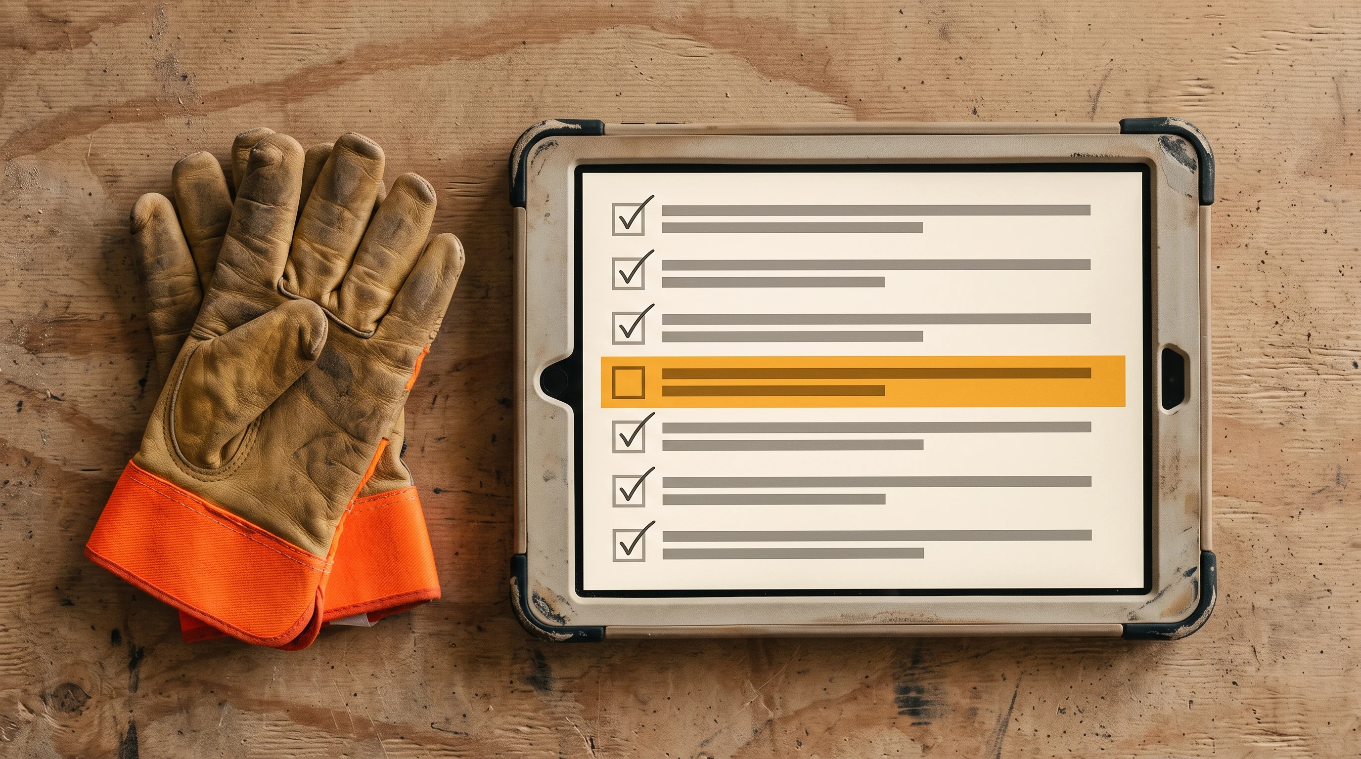 Overhead photograph of a ruggedized tablet in a worn case on scuffed jobsite plywood, its screen showing an employee attestation checklist — text as plain grey bars — with six rows ticked and one row flagged in amber, a pair of creased leather work gloves with safety-orange cuffs resting beside it.