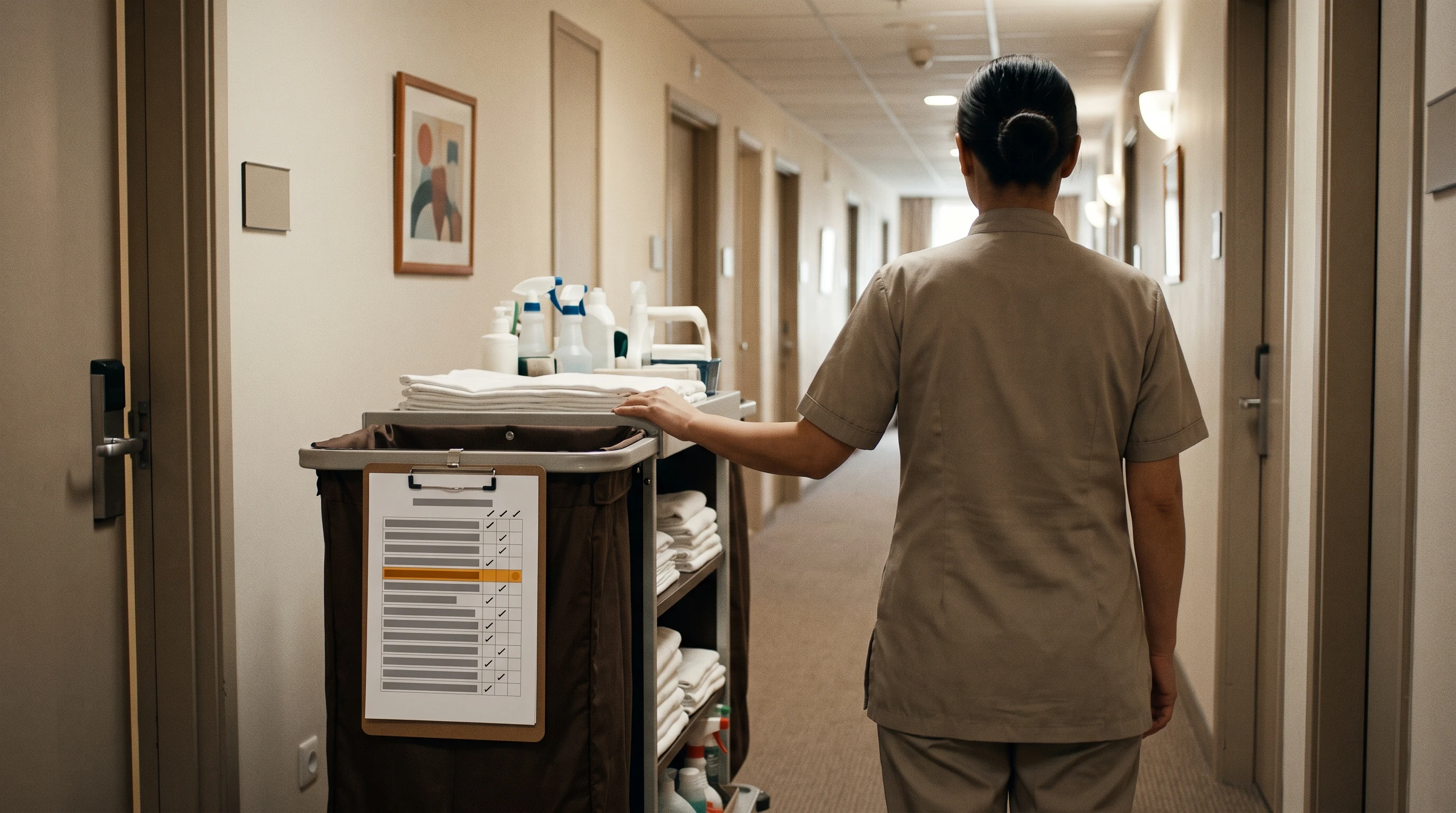 Photograph of a hotel room attendant seen from behind beside her stocked housekeeping cart in a guest corridor, her room-assignment board clipped to the cart showing plain grey-bar rows ticked room by room with one meal-period row flagged in amber.