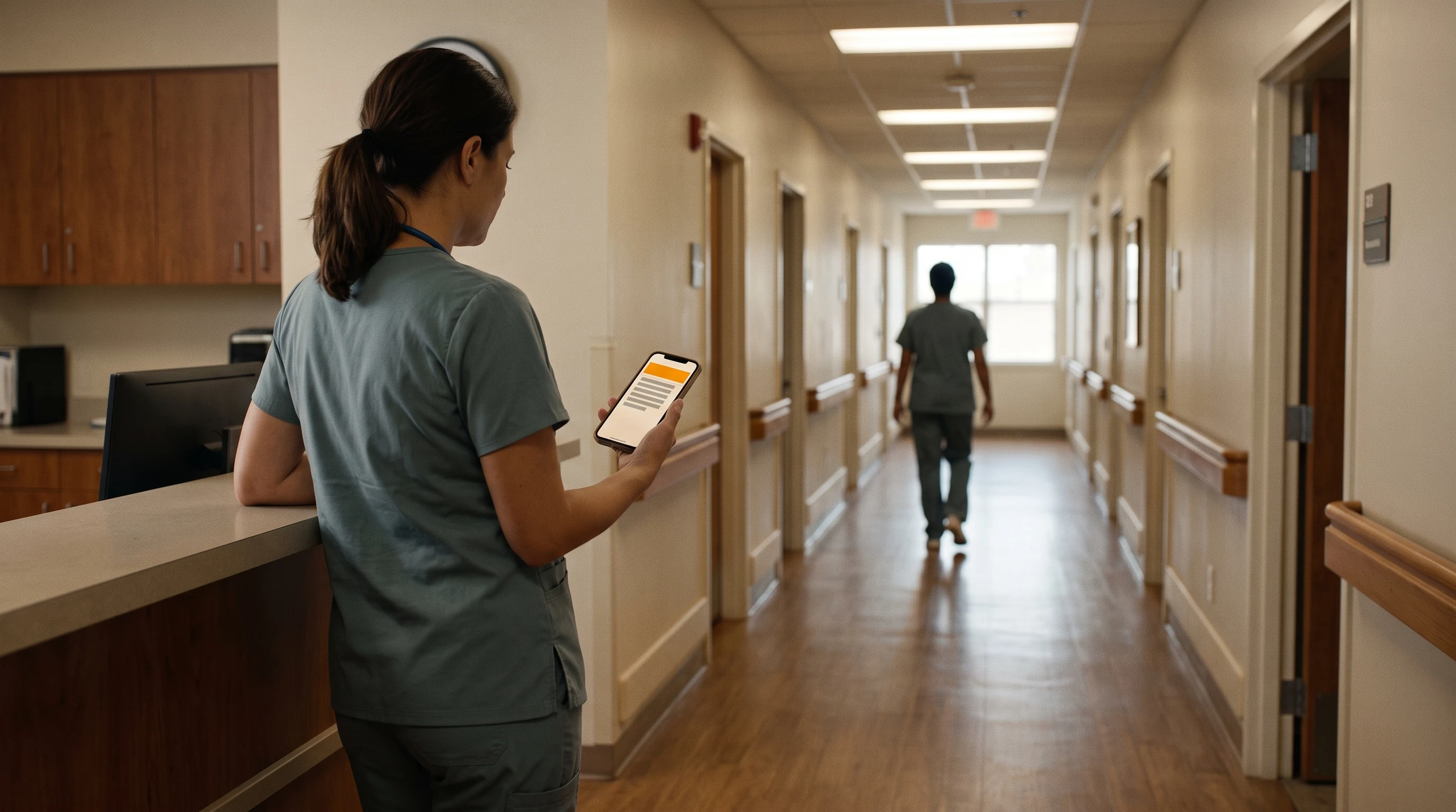 Photograph of a charge nurse in scrubs at a senior-living nurses' station, face averted, checking a phone whose alert card, text as plain grey bars, carries a solid amber banner — the fifth-hour alert — while a second caregiver heads down the empty handrailed corridor behind her.