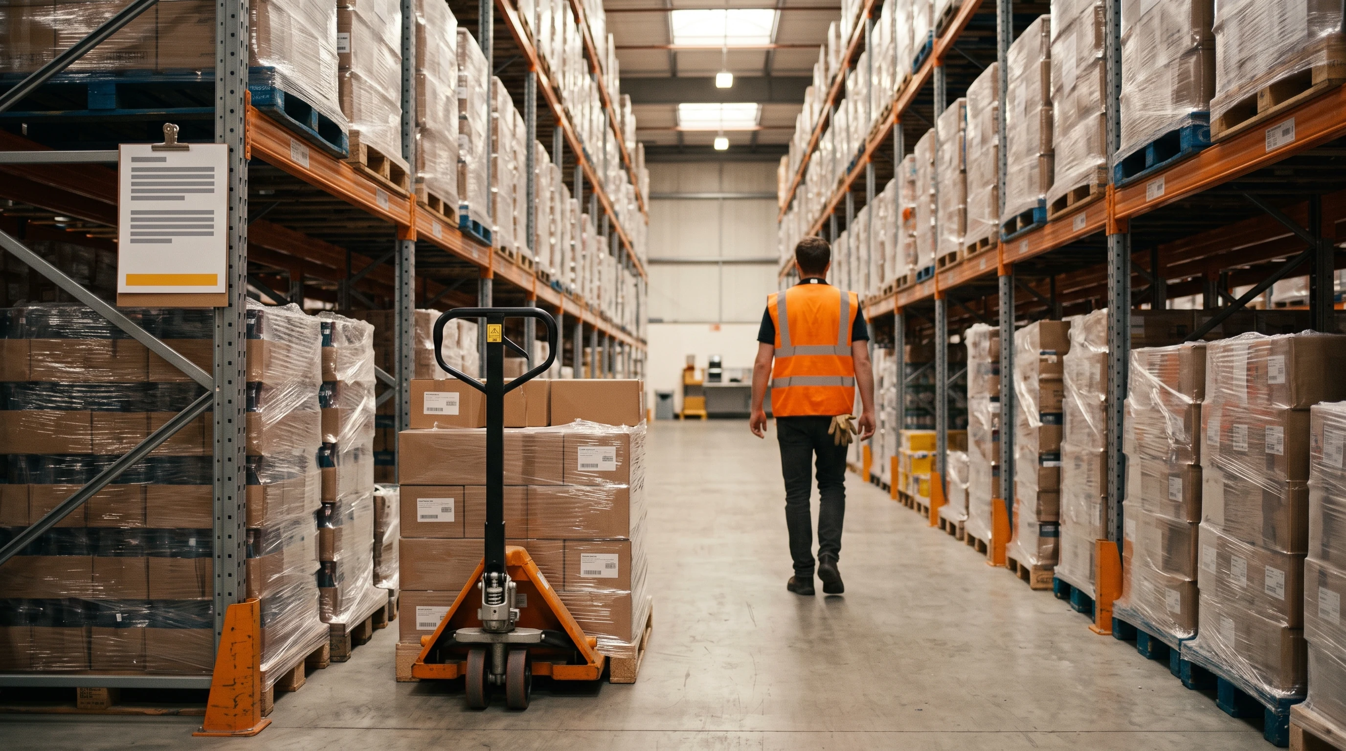 Photograph of a distribution-center pick aisle where a loaded pallet jack stands parked with forks lowered, a picker in a high-visibility vest walks away down the aisle seen from behind, and a quota-description sheet, its text plain grey bars, with an amber acknowledgment strip hangs clipped to the racking.