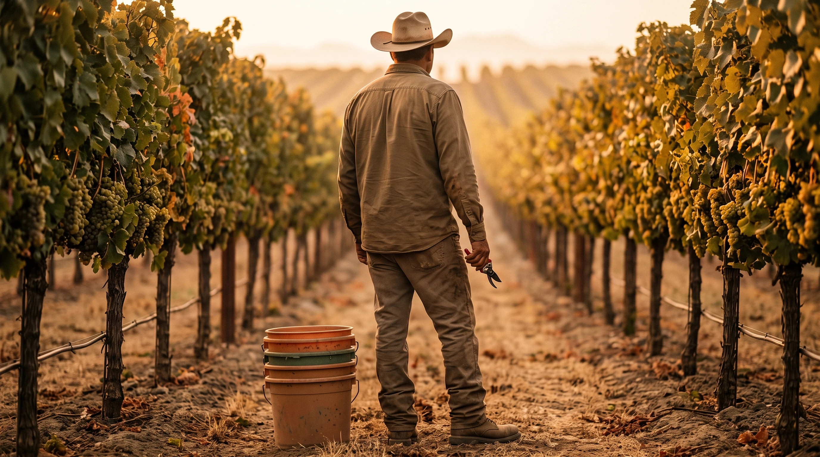 A crew boss seen from behind at the end of a California vine row at first light, pruning shears in hand, with harvest buckets stacked beside him on the row path.
