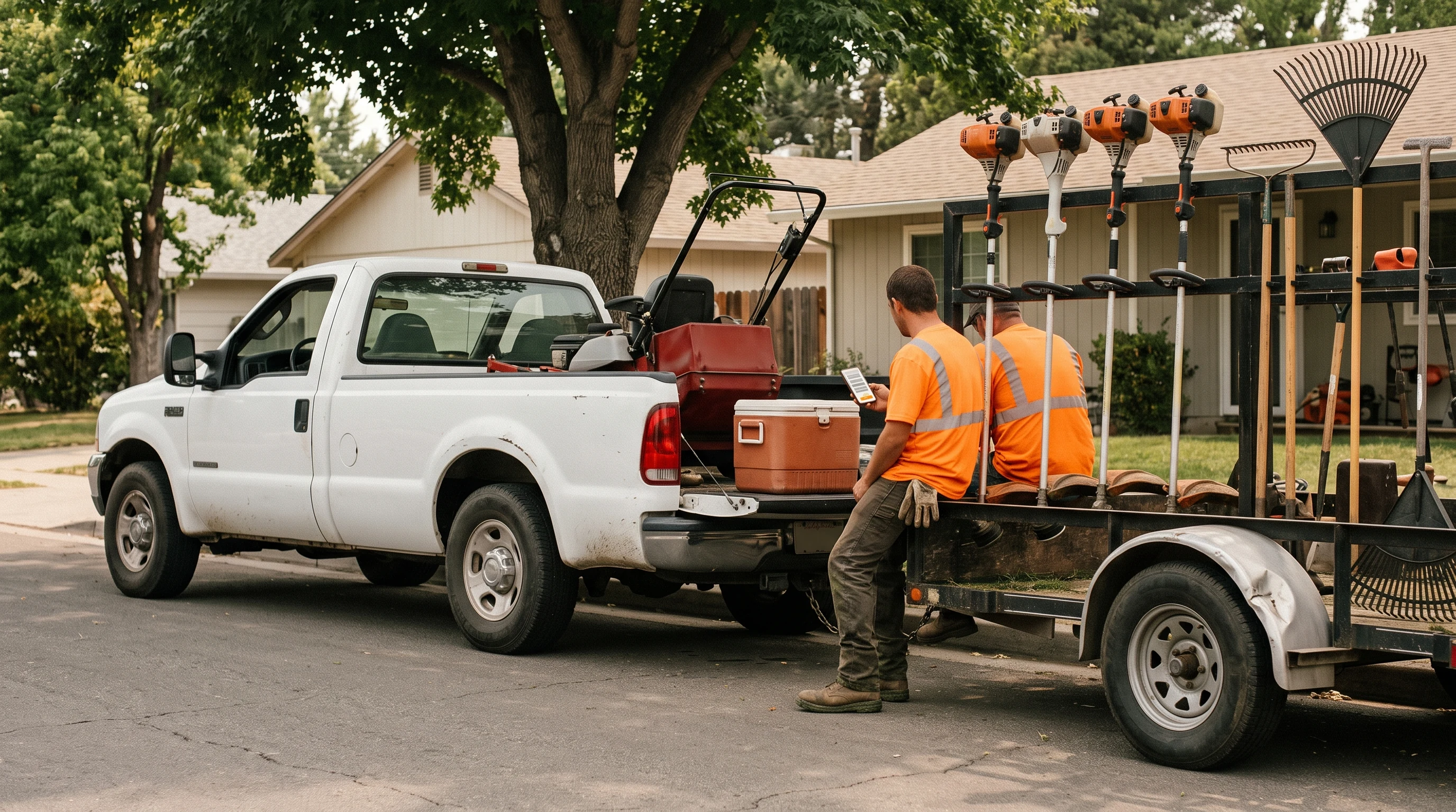 Photograph of a landscaping crew's mid-route meal break at a quiet residential curb — a parked work truck and open equipment trailer racked with trimmers and rakes, one crew member in safety orange seated on the trailer while another leans against the lowered tailgate holding a phone that shows an attestation card, its text plain grey bars, with a single amber confirm button.