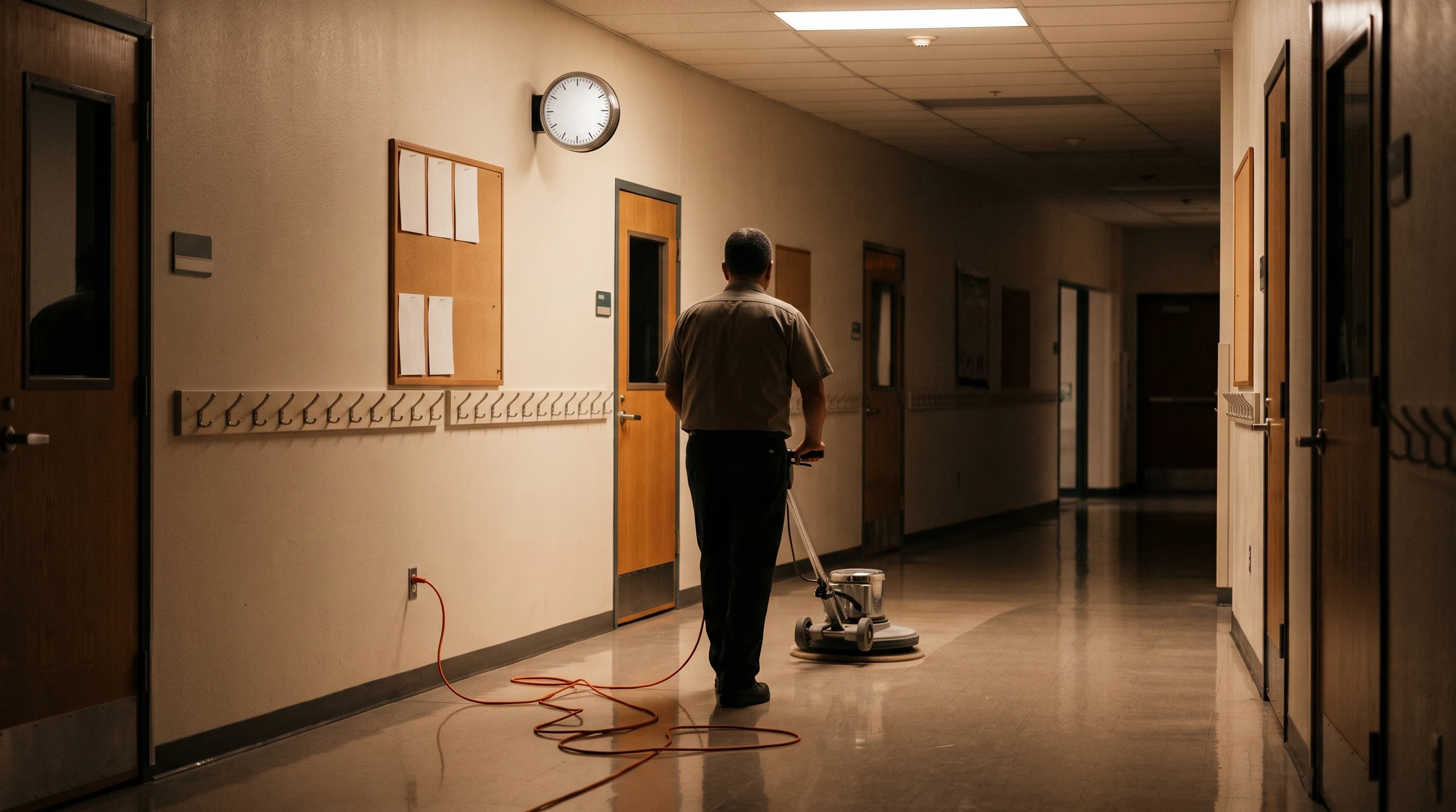 Photograph of a school custodian seen from behind, guiding a walk-behind rotary floor buffer down an empty elementary-school corridor at night, its orange power cord trailing to a wall outlet, with low coat hooks, a blank cork pinboard, and a round steel-bezel wall clock along the wall.