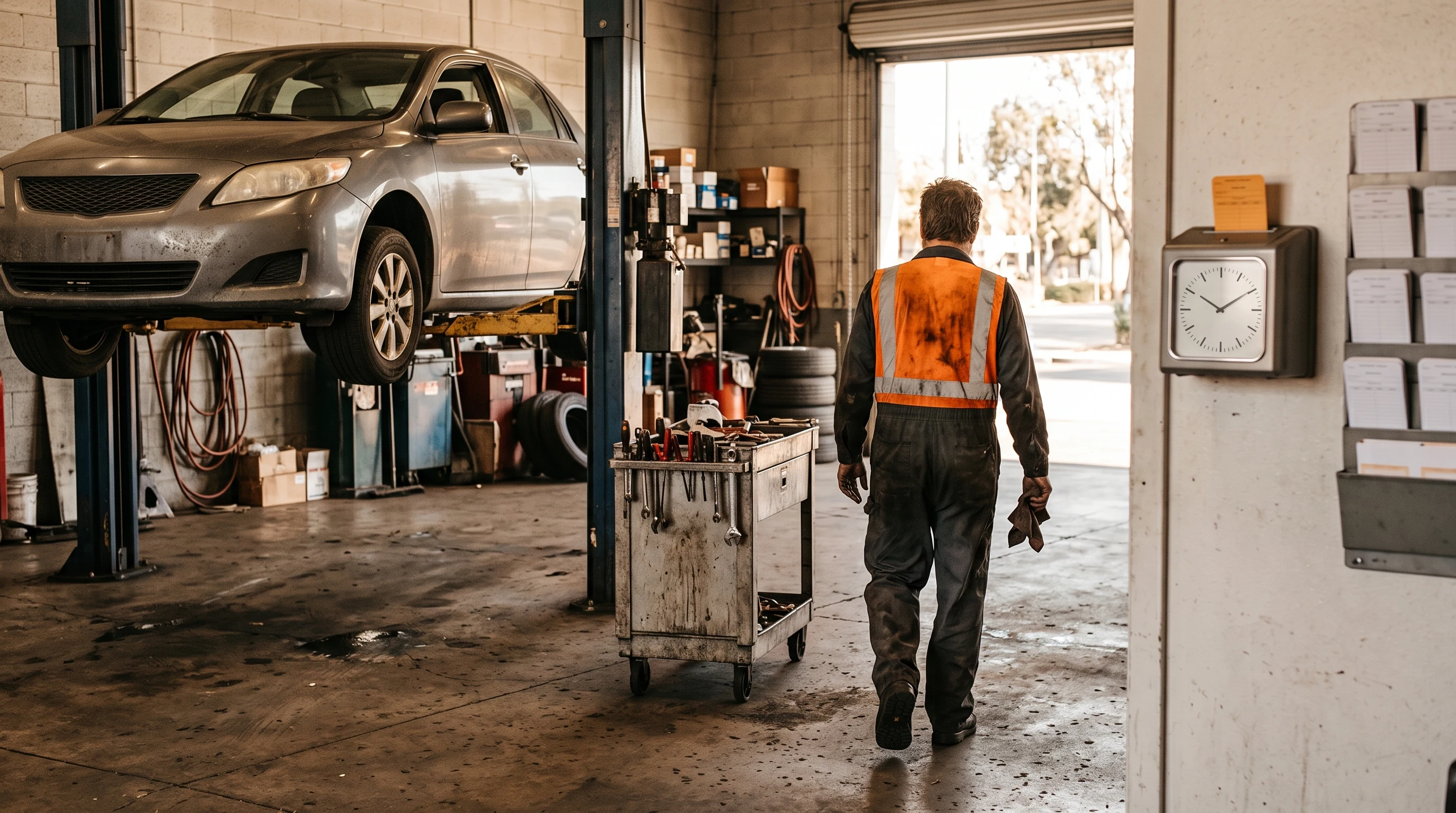 Photograph of a technician in coveralls and a high-visibility vest, seen fully from behind, walking away from a sedan raised on a two-post lift toward the open bay door on a rest break, past a wall-mounted punch clock holding an amber time card beside a rack of time cards — the clocked-hours record a flag-time job clock never makes.