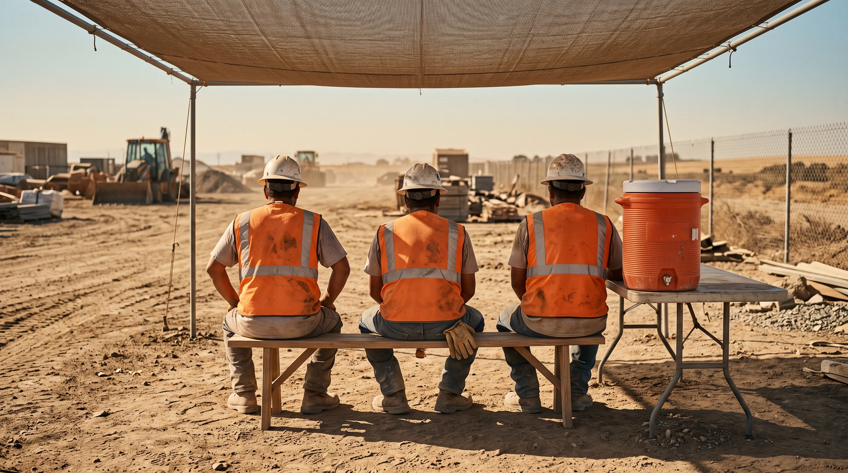 Three construction workers in hard hats and high-visibility orange vests, seen from behind, rest on a bench under a mesh shade canopy beside an orange ten-gallon water cooler on a folding table at a dusty jobsite.