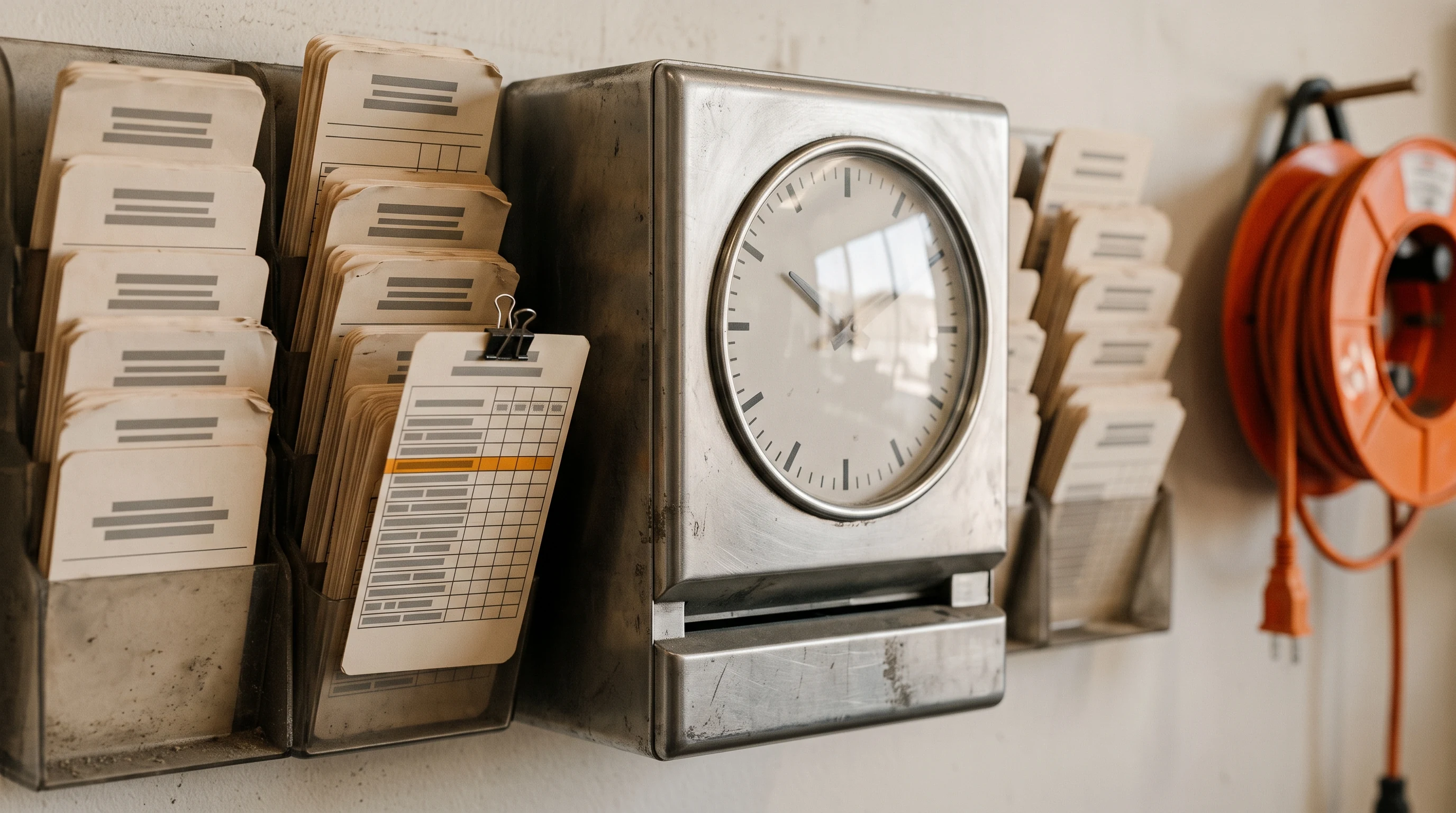 Photograph of a mechanical punch clock with a tick-only analog face mounted on a shop wall between racks of paper time cards, one card clipped forward with a single punch row highlighted in amber, an orange extension-cord reel hanging out of focus at the edge of frame.